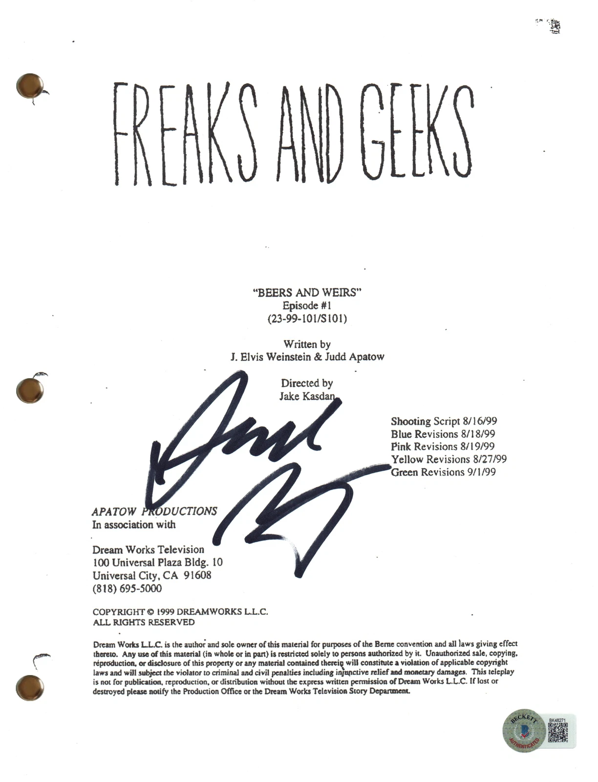 Judd Apatow Signed Autograph Freaks and Geeks Ep2 Full Script Screenplay BAS COA