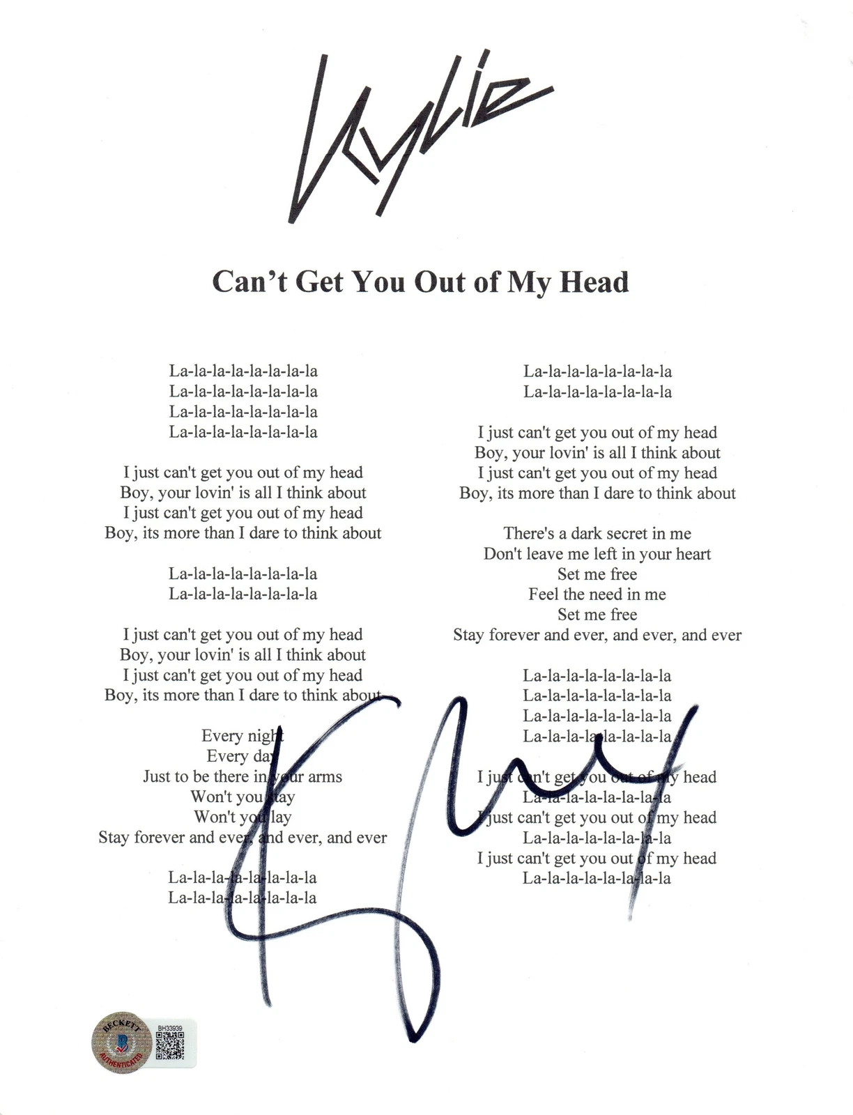 Kylie Minogue Signed Autograph Can't Get You Out of My Head Lyric Sheet BAS COA
