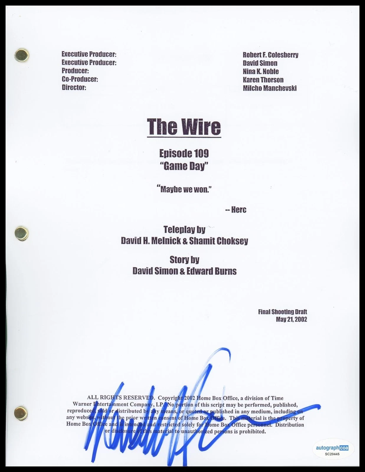 WENDELL PIERCE “THE WIRE” AUTOGRAPH SIGNED FULL ‘GAME DAY’ EPISODE SCRIPT ACOA COLLECTIBLE MEMORABILIA