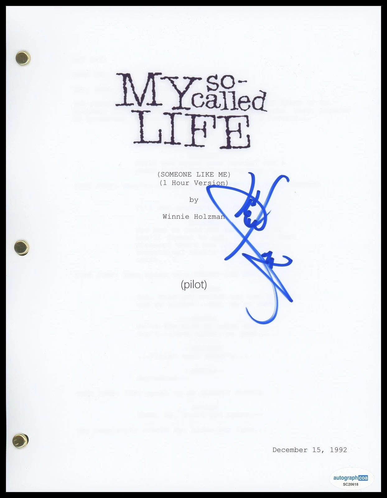 WILSON CRUZ “MY SO-CALLED LIFE” AUTOGRAPH SIGNED FULL PILOT EPISODE SCRIPT ACOA COLLECTIBLE MEMORABILIA