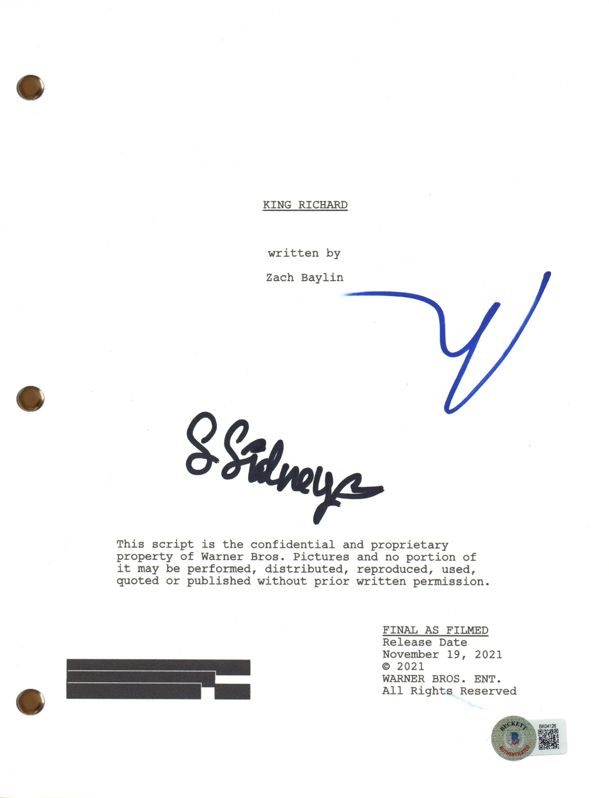 Reinaldo Marcus Green & Saniyya Sidney Signed King Richard Movie Script BAS COA