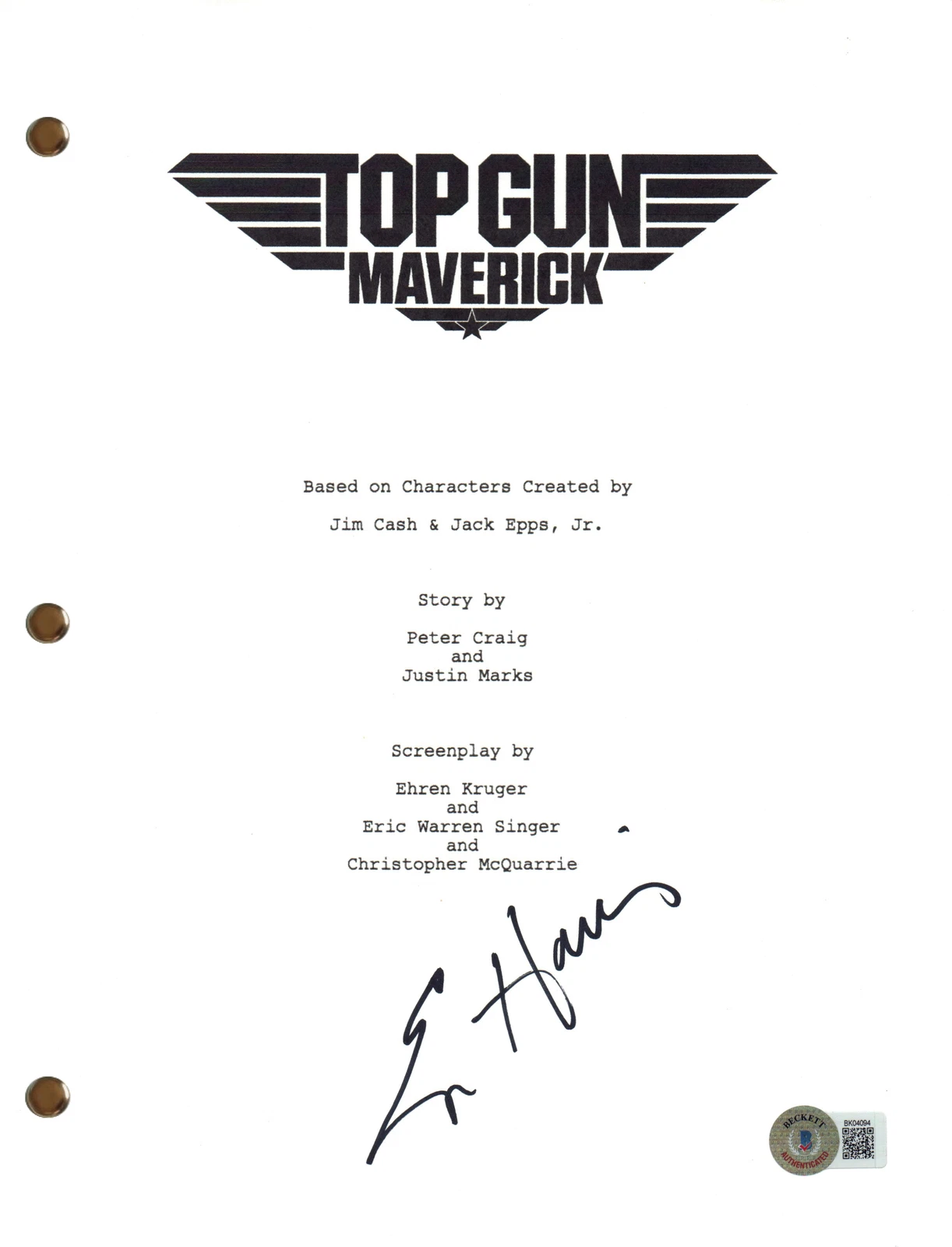 Ed Harris Signed Autograph Top Gun Maverick Script Full Screenplay Beckett COA