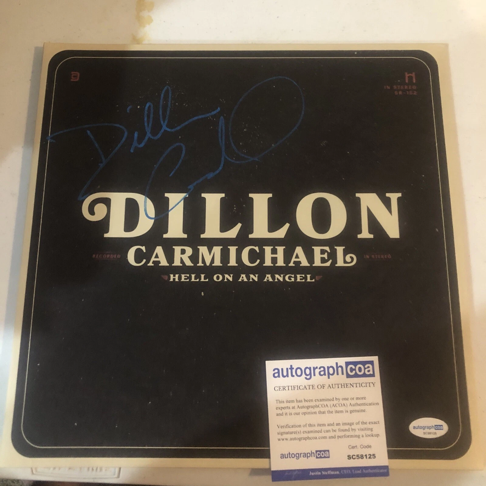 DILLON CARMICHAEL SIGNED AUTOGRAPH VINYL ALBUM ACOA HELL ON AN ANGEL RECORD