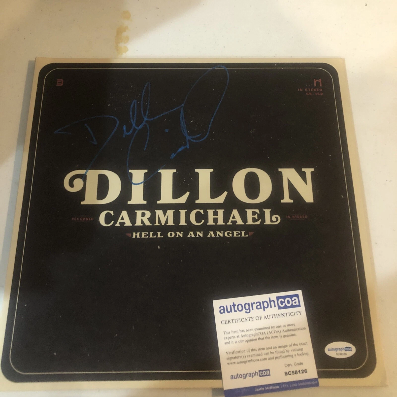 DILLON CARMICHAEL SIGNED AUTOGRAPH VINYL ALBUM ACOA HELL ON AN ANGEL RECORD