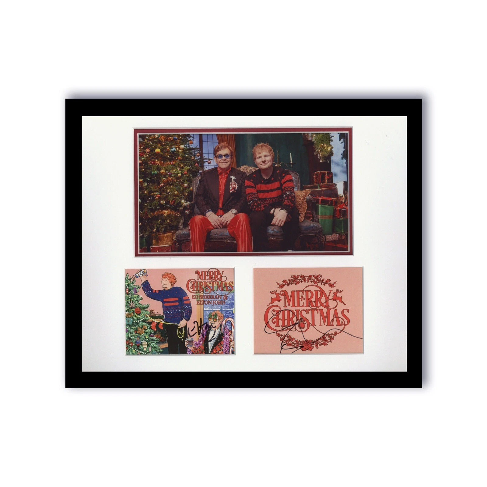 ELTON JOHN ED SHEERAN SIGNED AUTOGRAPH FRAMED 11x14 DISPLAY ACOA MERRY CHRISTMAS