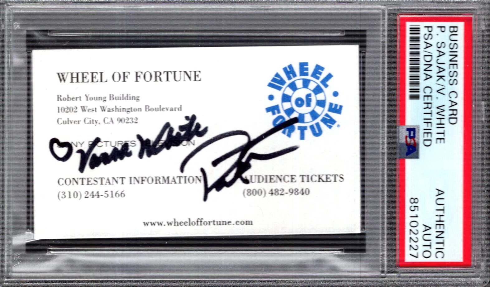 VANNA WHITE+PAT SAJAK SIGNED BUSINESS CARD WHEEL OF FORTUNE PSA SLABBED