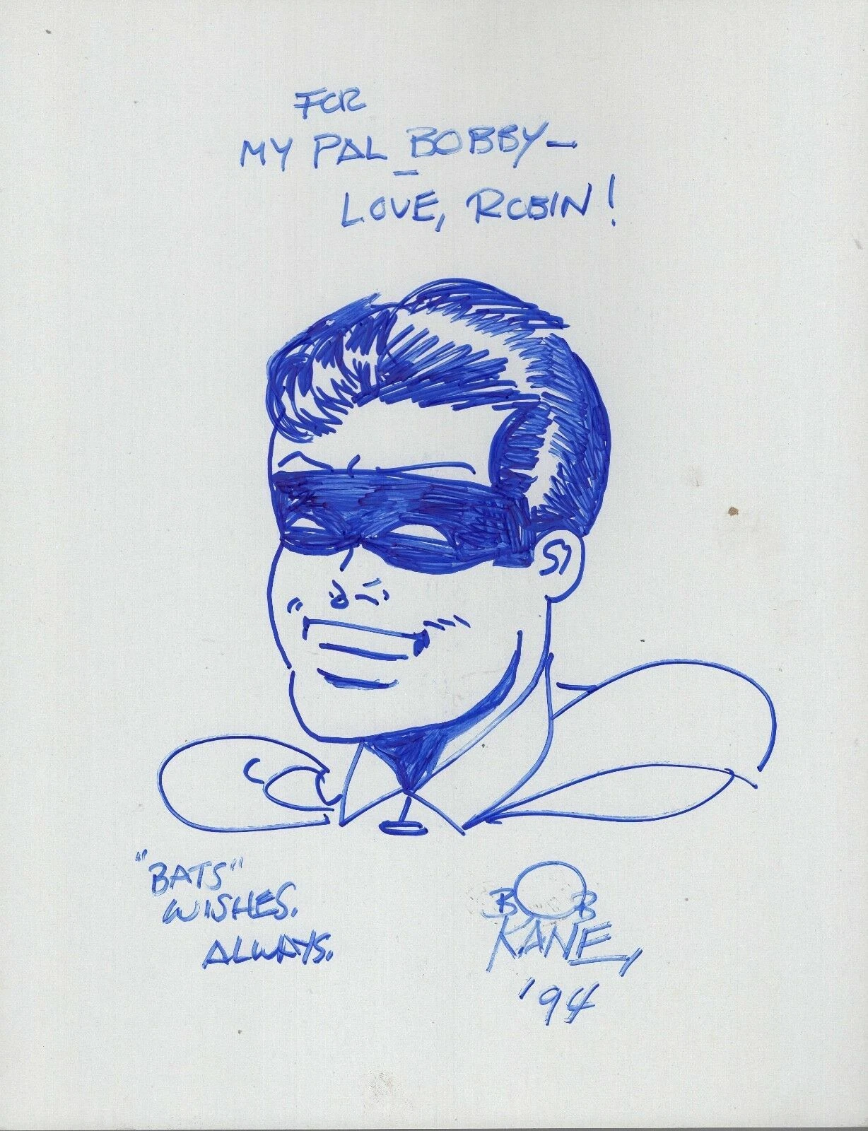 BOB KANE ORIGINAL HAND SIGNED DRAWING OF ROBIN AMAZING+RARE JSA LETTER