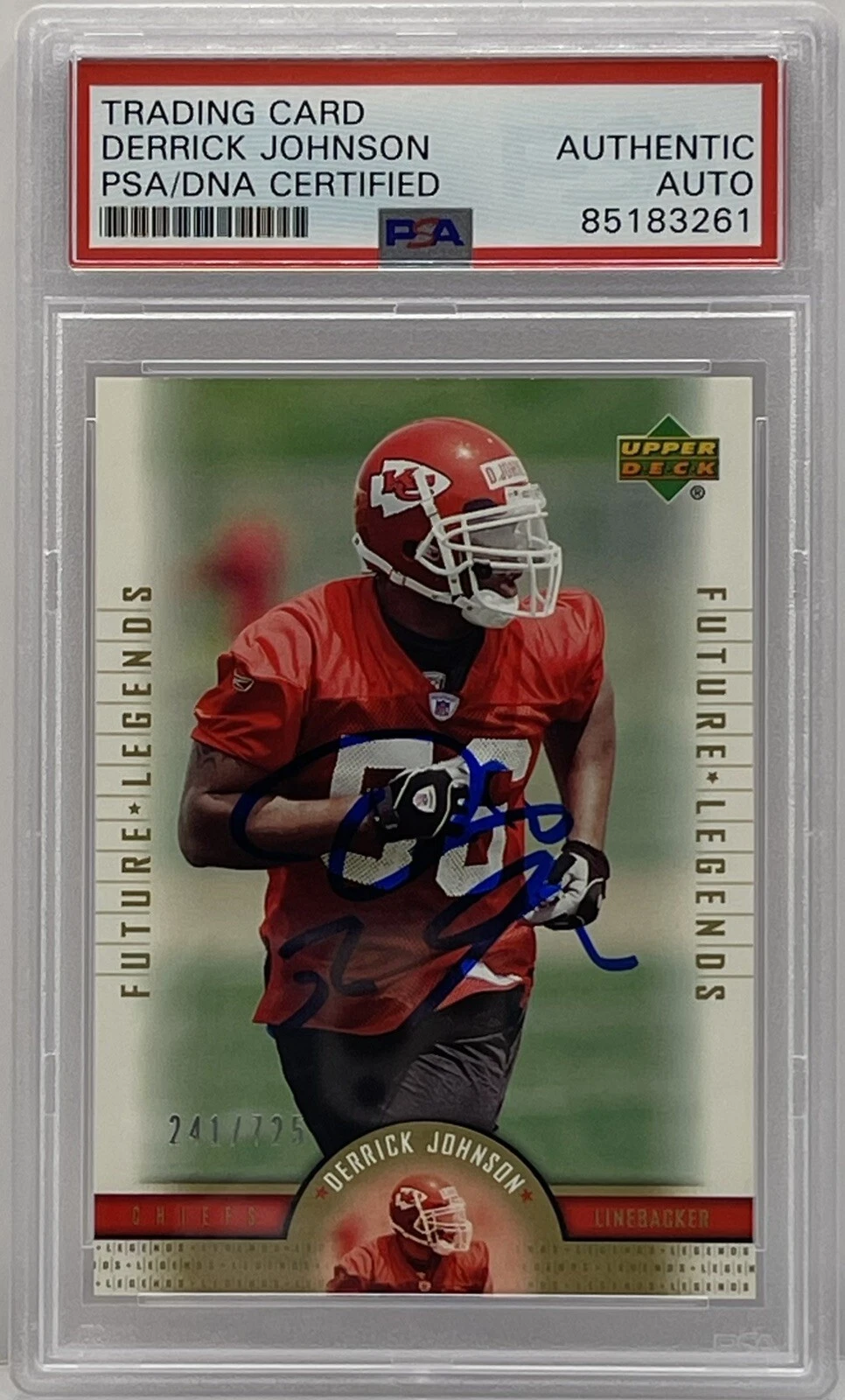 Derrick Johnson Signed 2005 Upper Deck Futures Rookie Card #/d 725 PSA/DNA Slab