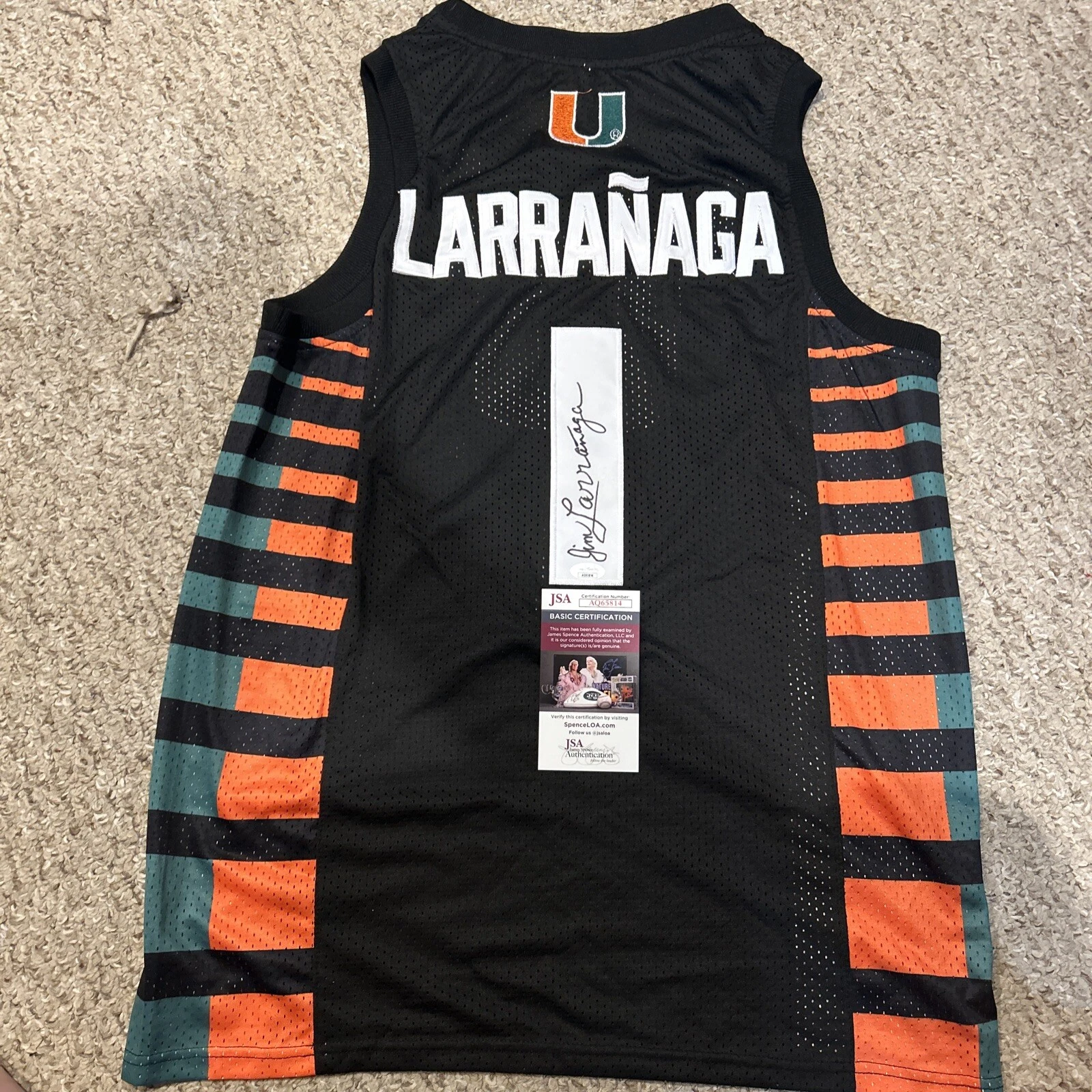 MIAMI HURRICANES- JIM LARRANAGA SIGNED AUTOGRAPH JERSEY JSA COA FINAL FOUR