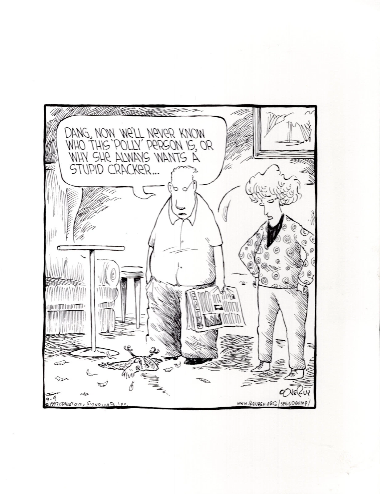 DAVE COVERLY SIGNED ORIGINAL SPEED BUMP PEN+INK DAILY 1997 POLLY WANT CRACKER