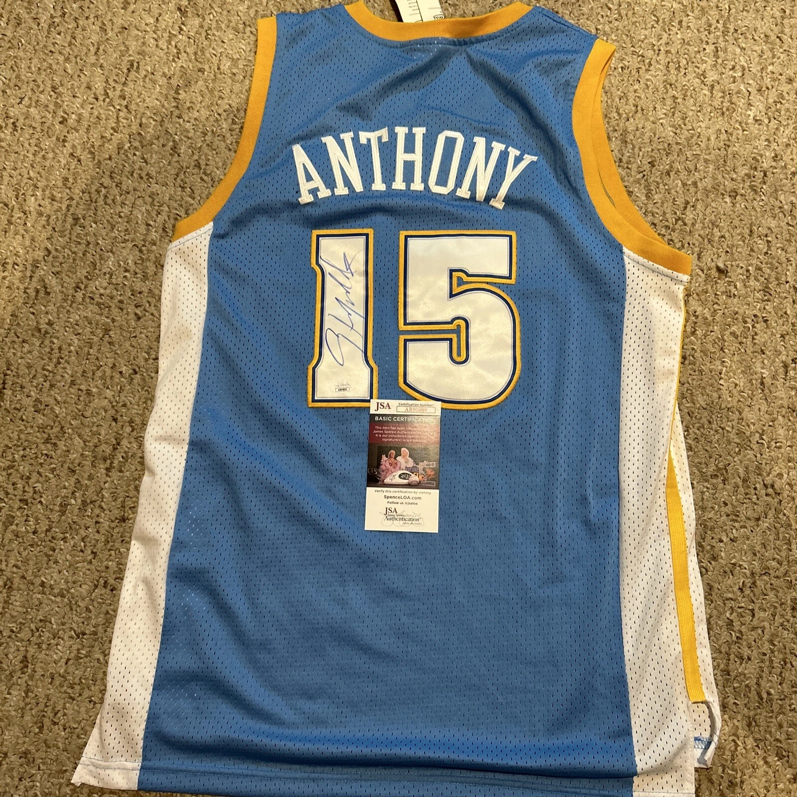 DENVER NUGGETS- CARMELO ANTHONY SIGNED AUTOGRAPH JERSEY JSA COA NBA STAR