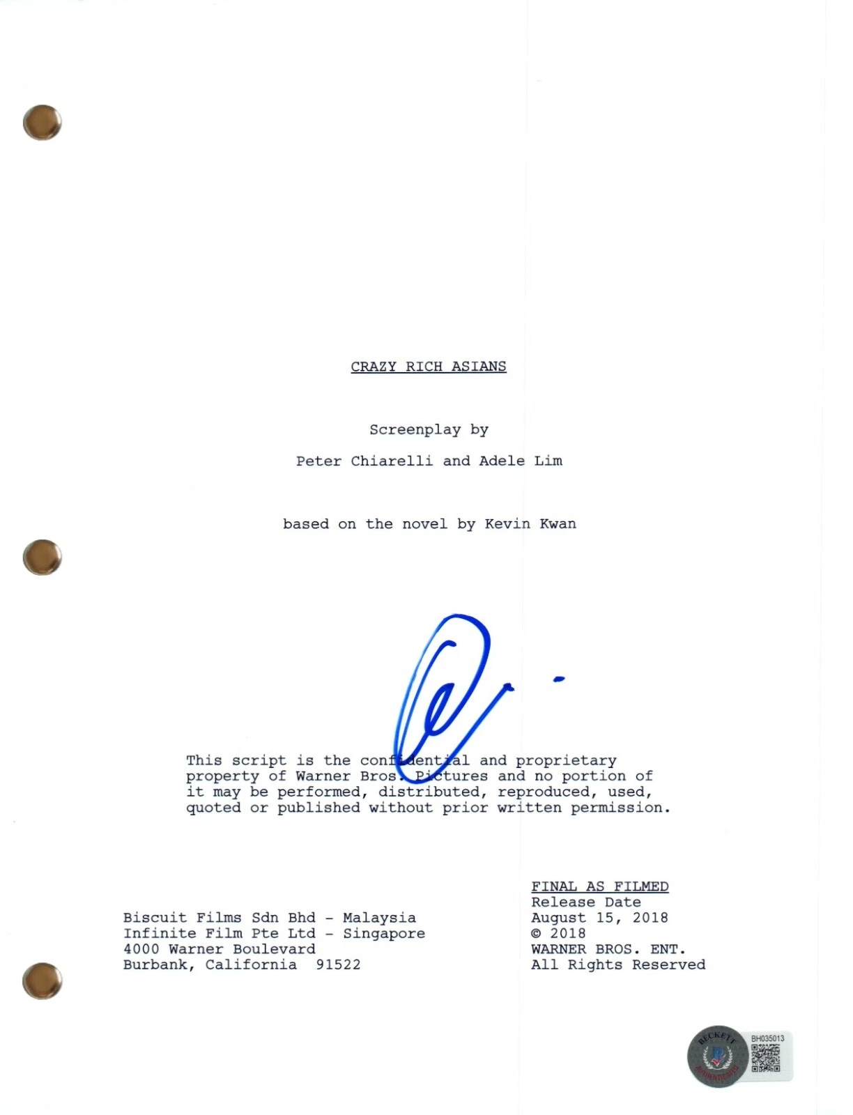 Henry Golding Signed Autograph Crazy Rich Asians Movie Script Screenplay BAS COA