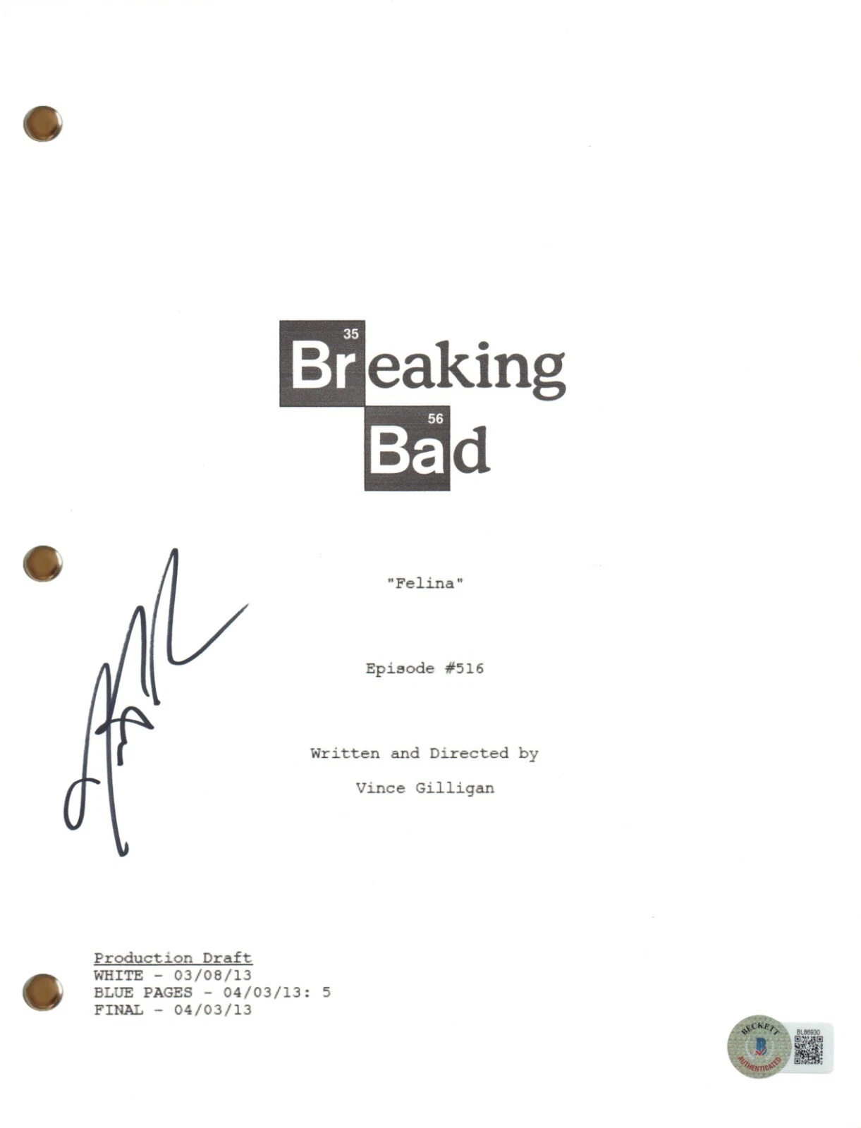 Jesse Plemons Signed Autograph Breaking Bad Felina Script Screenplay Beckett COA