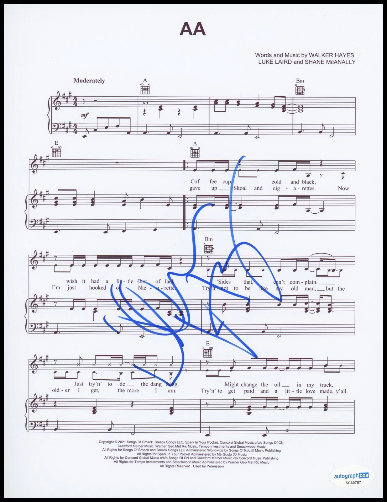 WALKER HAYES “COUNTRY STUFF THE ALBUM” AUTOGRAPH SIGNED ‘AA’ SHEET MUSIC ACOA COLLECTIBLE MEMORABILIA