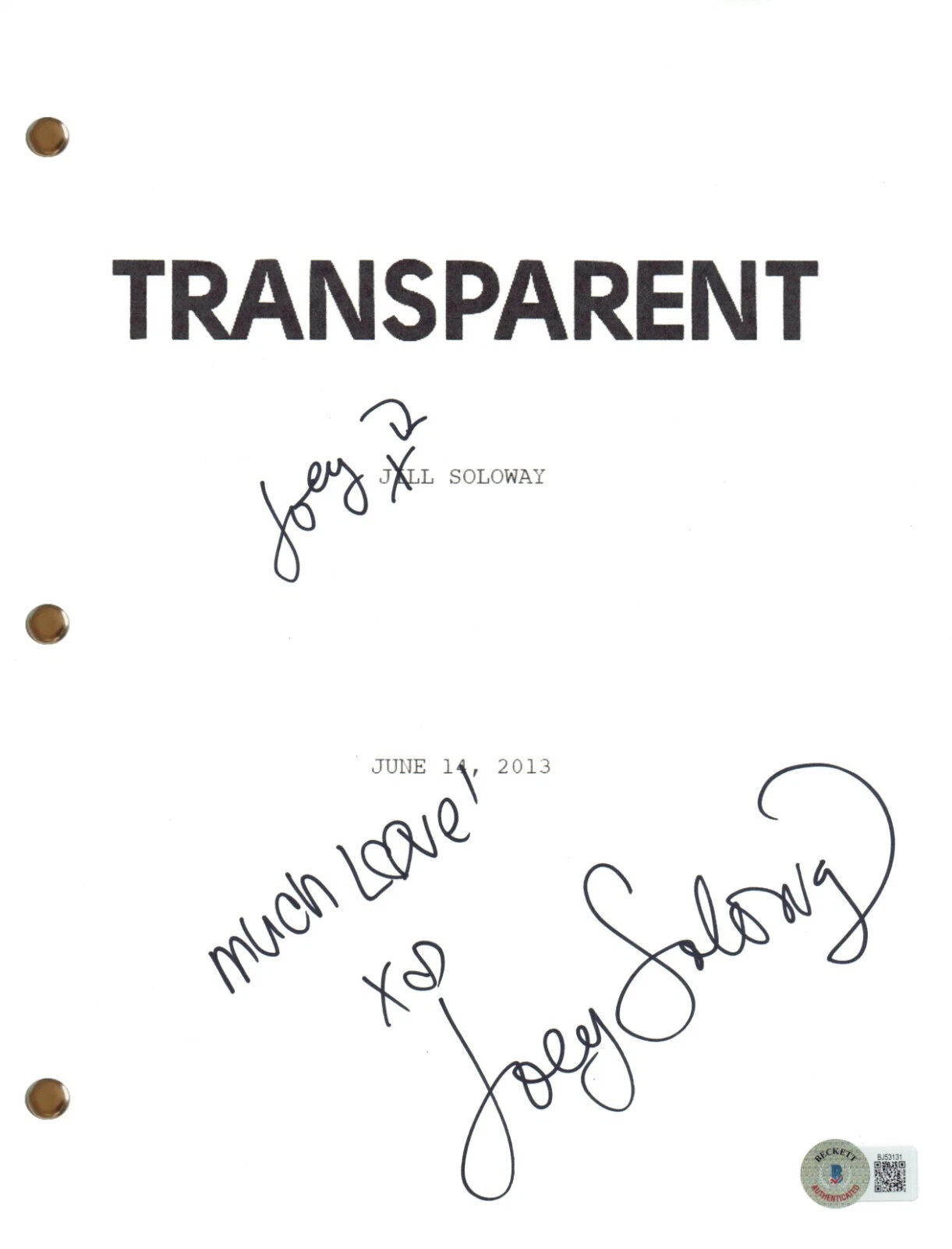 Joey Soloway Signed Autograph Transparent Pilot Episode Script Jill Beckett COA