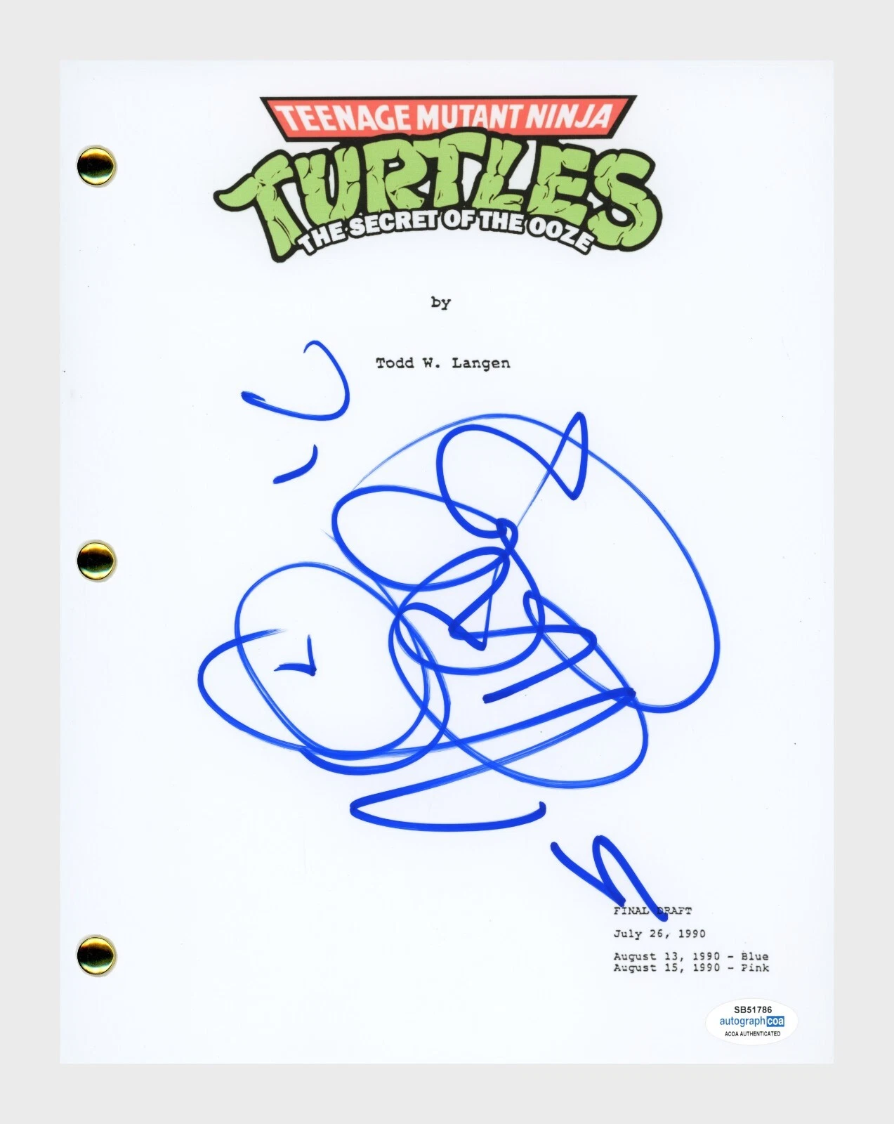 Vanilla Ice Signed Teenage Mutant Ninja Turtles Secret of Ooze Movie Script ACOA