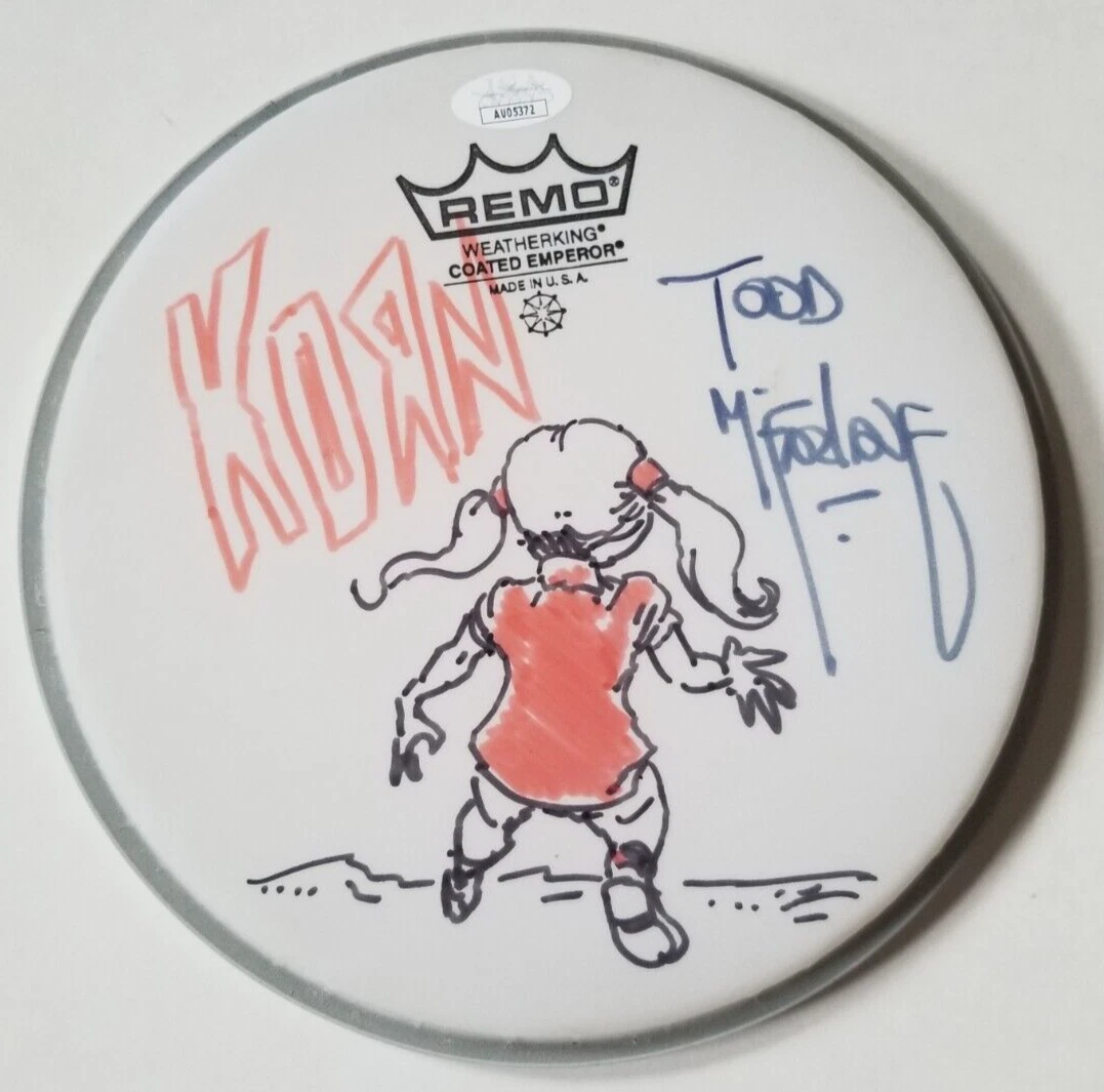 TODD MCFARLANE REAL SIGNED 8″ DRUMHEAD W/ KORN FOLLOW THE LEADER SKETCH JSA COA COLLECTIBLE MEMORABILIA