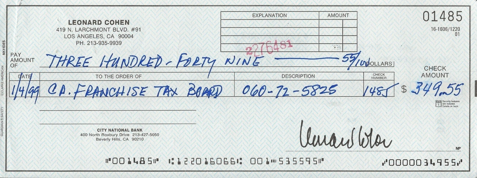 Leonard Cohen composer REAL hand SIGNED Full Size Personal Check #4 JSA COA