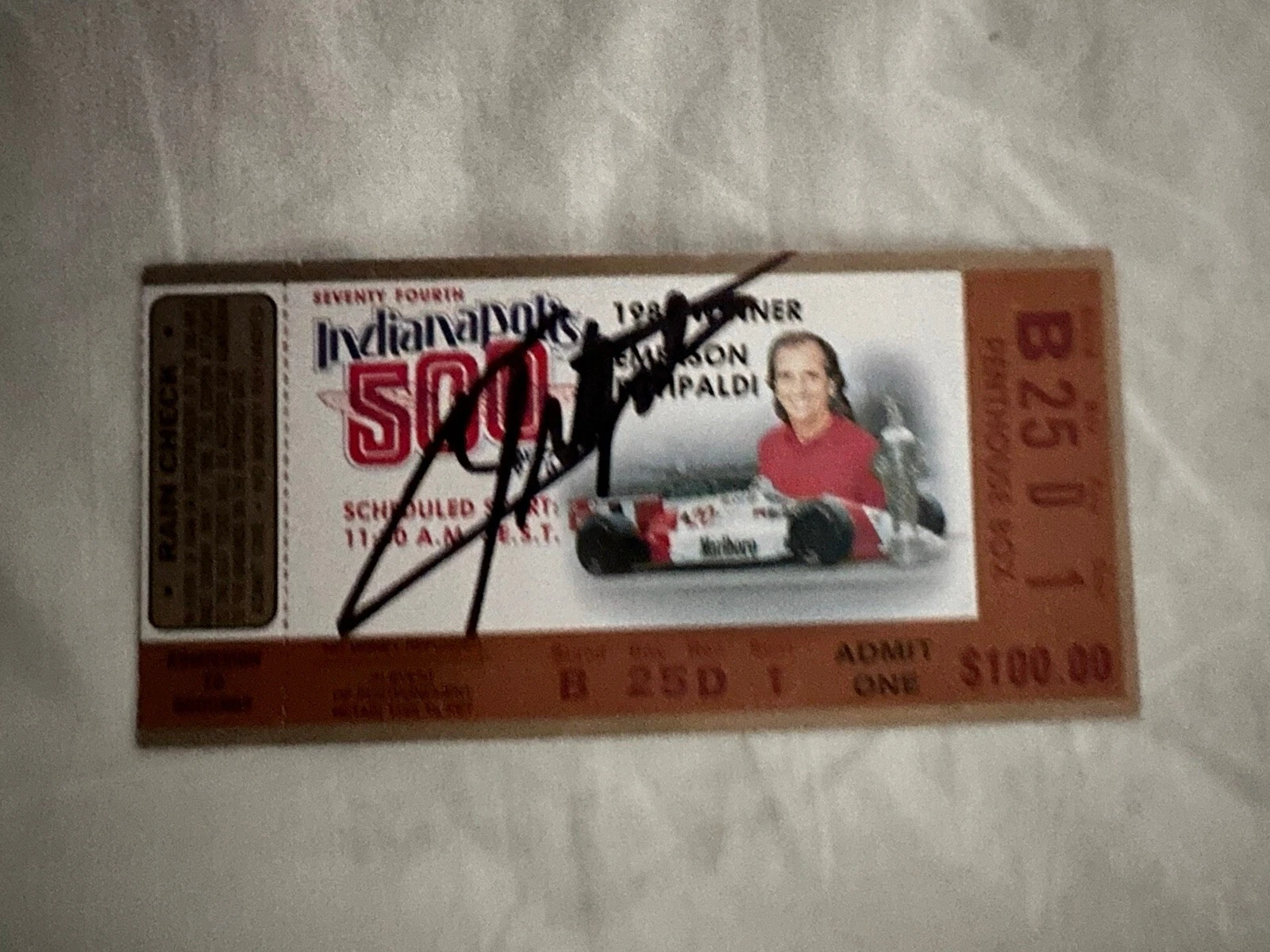 1990 INDY 500 EMERSON FITTIPALDI SIGNED TICKET STUB (1989 INDY RACE WINNER) AUTO COLLECTIBLE MEMORABILIA
