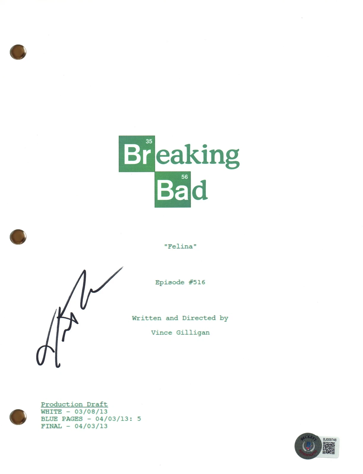 Jesse Plemons Signed Autograph Breaking Bad Felina Script Screenplay Beckett COA
