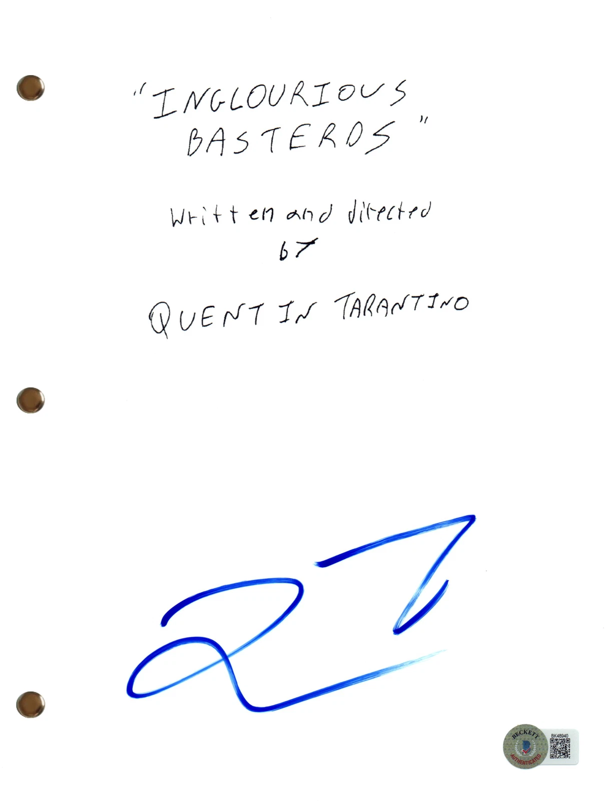 Quentin Tarantino Signed Autograph Inglourious Basterds Movie Script Beckett COA