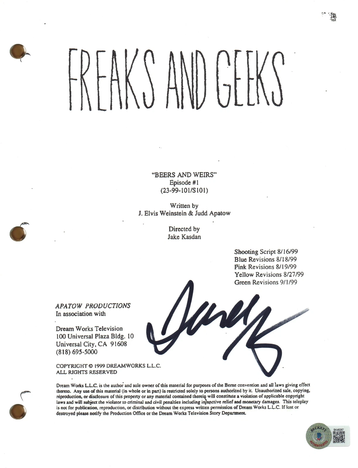 Judd Apatow Signed Autograph Freaks and Geeks Beers & Weirs Full Script BAS COA