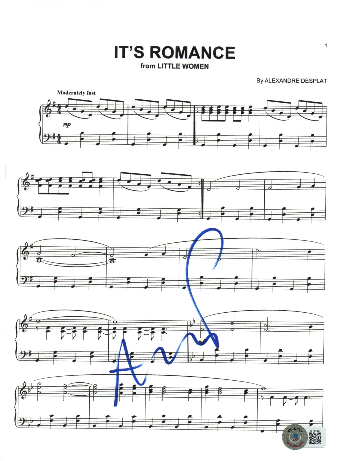 ALEXANDRE DESPLAT SIGNED AUTOGRAPH LITTLE WOMEN IT’S ROMANCE SHEET MUSIC BAS COA COLLECTIBLE MEMORABILIA