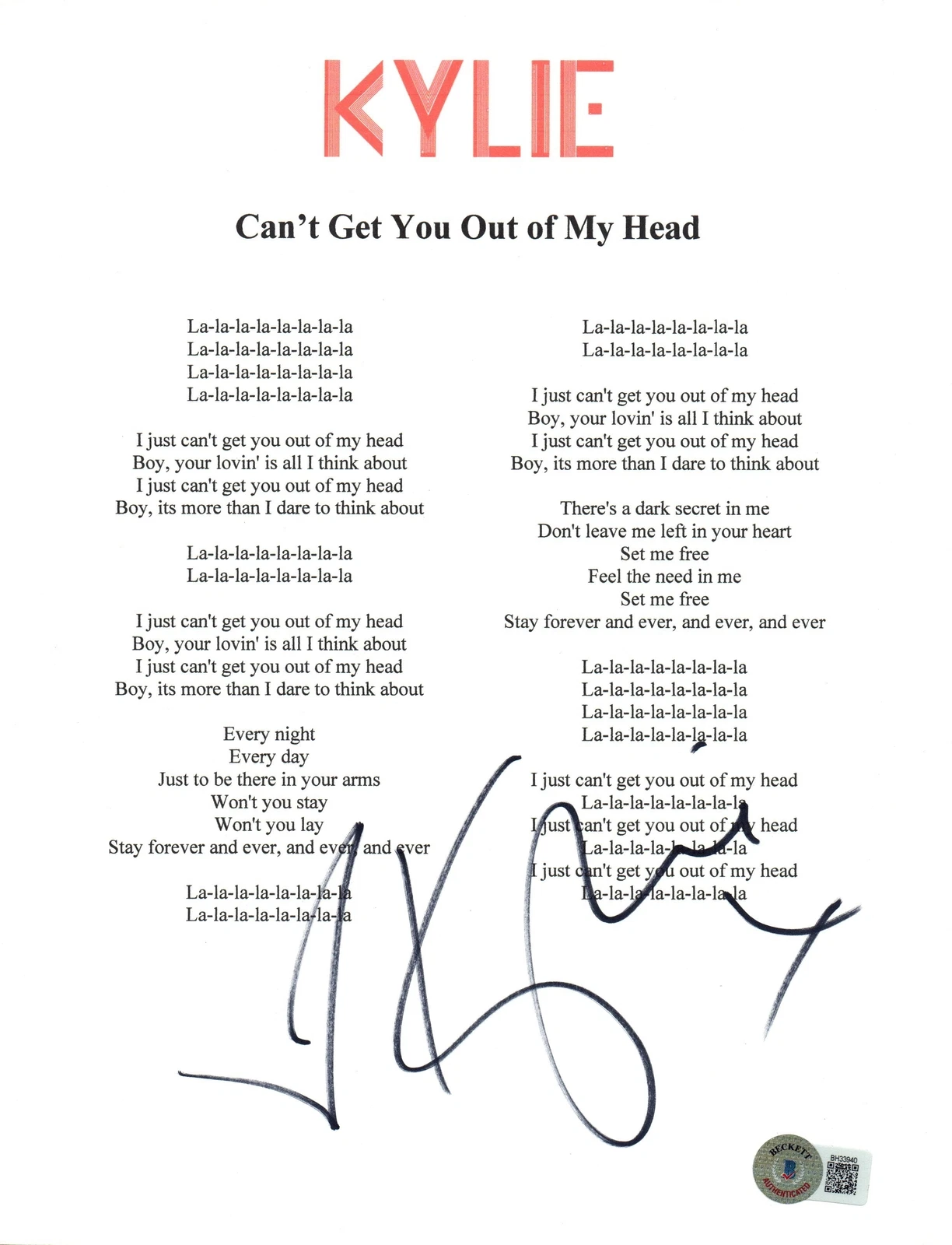 Kylie Minogue Signed Autograph Can't Get You Out of My Head Lyric Sheet BAS COA