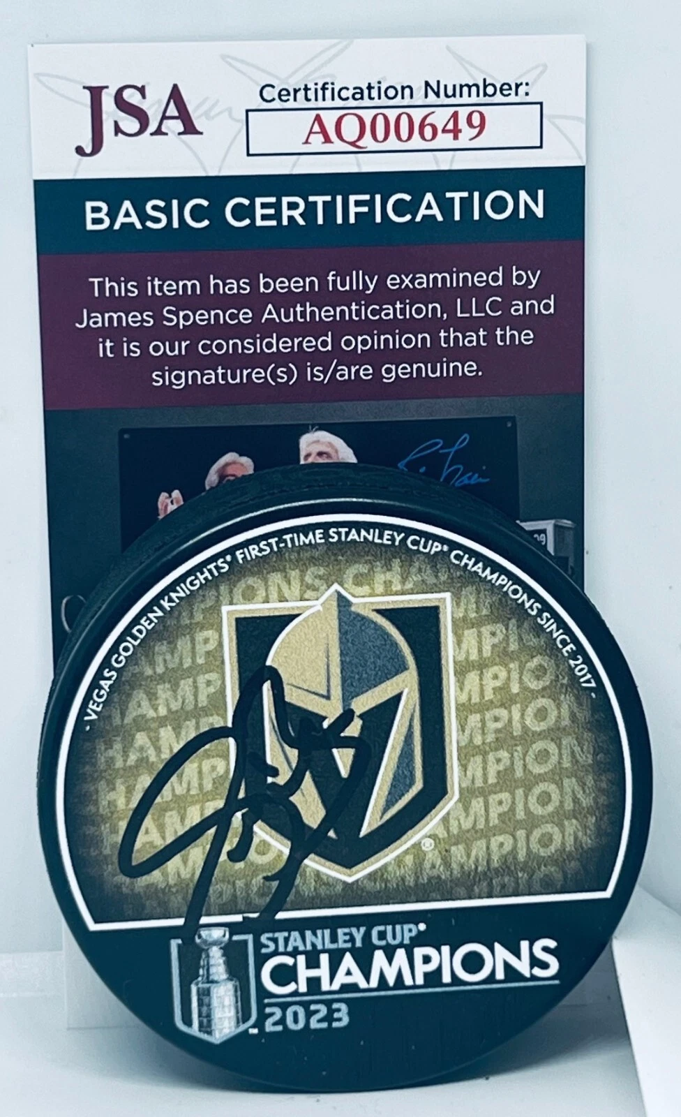 Sean Burke signed Vegas Golden Knights 2023 Stanley Cup Champs Puck JSA