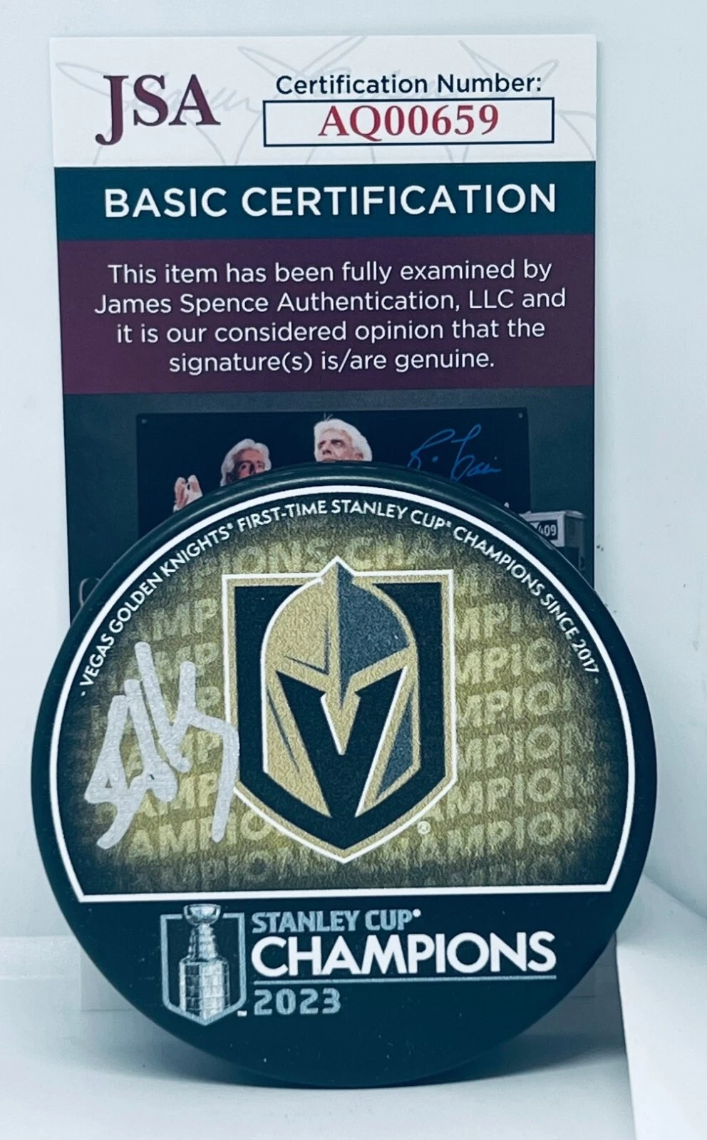 Shane Hnidy signed Vegas Golden Knights 2023 Stanley Cup Champs Puck JSA