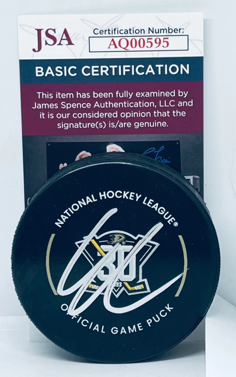 Leo Carlsson signed Anaheim Ducks 30th Anniversary Game Puck autographed JSA