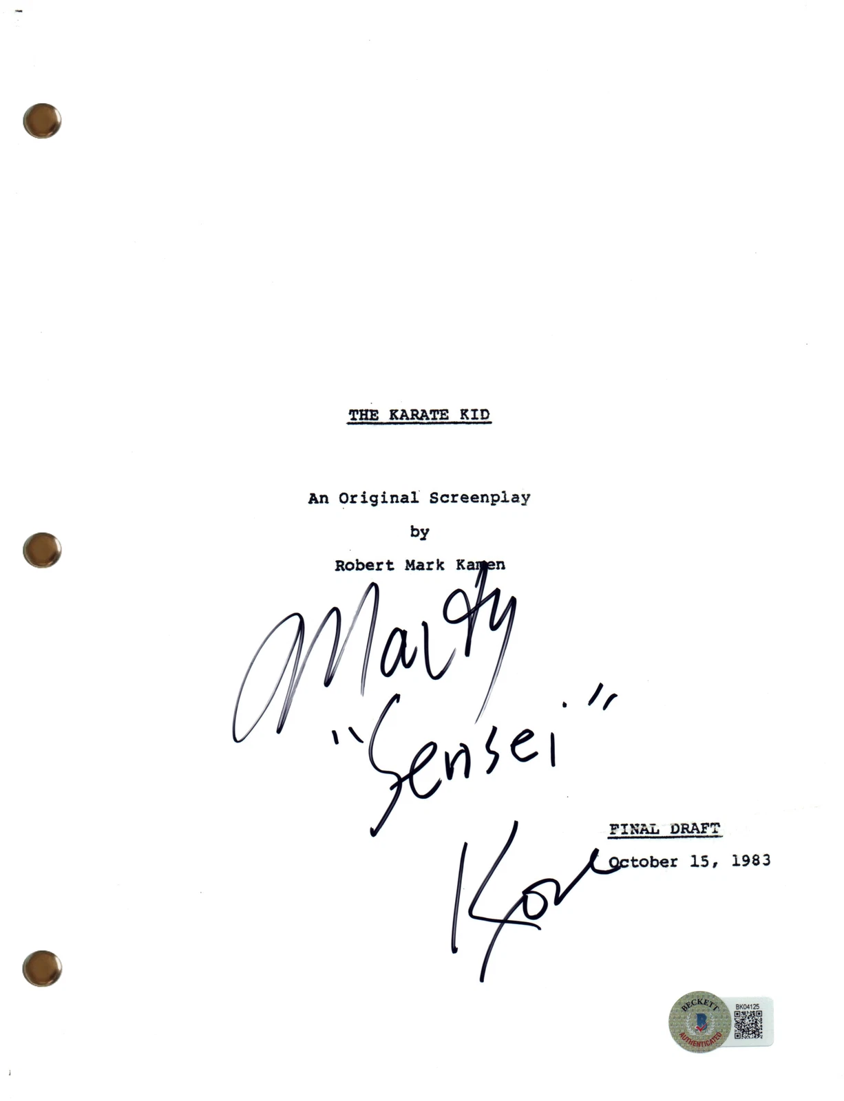 Martin Kove Signed Autograph Karate Kid Full Movie Script Screenplay Beckett COA