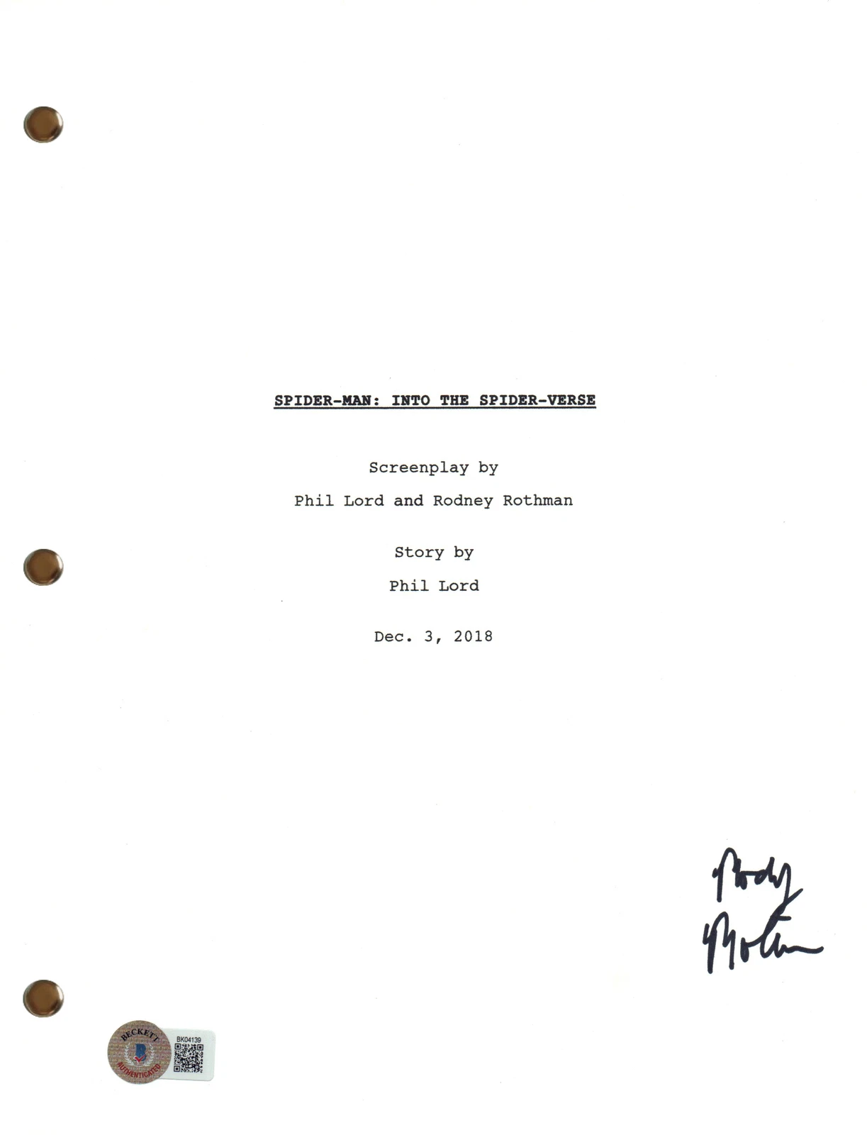 Rodney Rothman Signed Spider-Man Into the Spider-Verse Full Movie Script BAS COA
