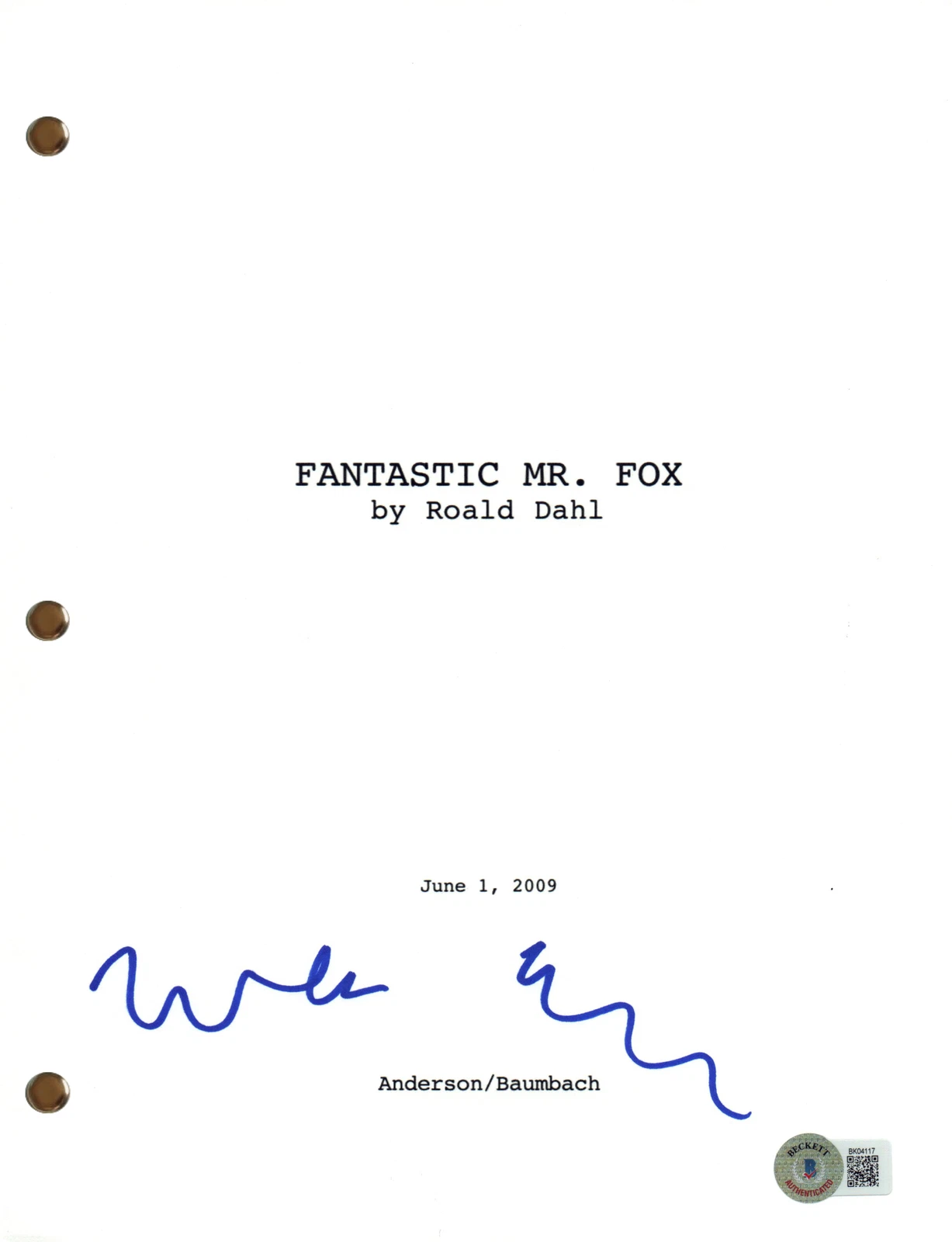WES ANDERSON SIGNED AUTOGRAPH FANTASTIC MR FOX FULL MOVIE SCRIPT BECKETT COA COLLECTIBLE MEMORABILIA