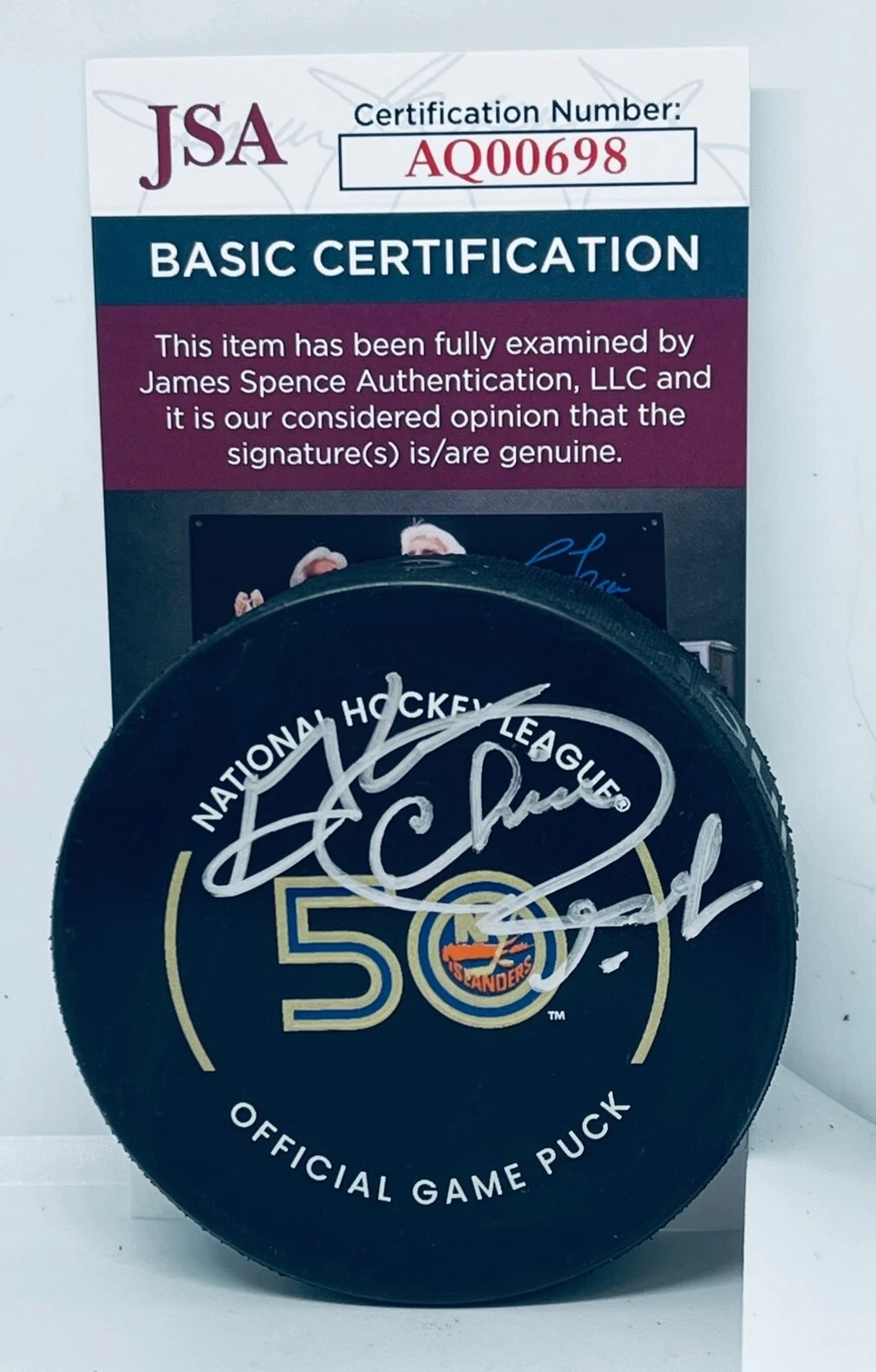Chico Resch signed New York Islanders 50th Anniversary Game Puck autographed JSA