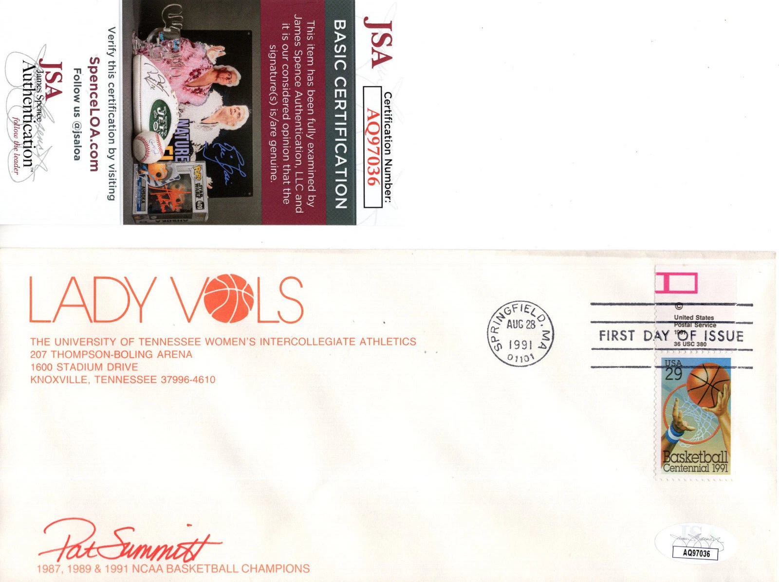 PAT SUMMITT HAND SIGNED LADY VOLS FIRST DAY COVER 1991 AWESOME+RARE JSA