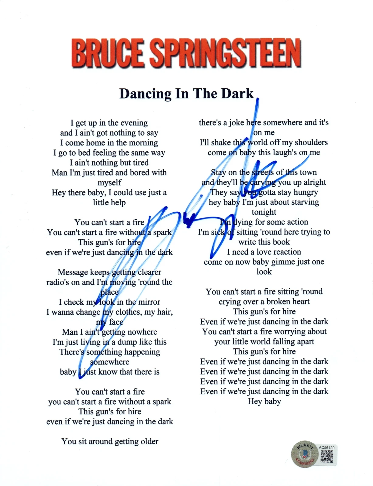 Bruce Springsteen Signed Autograph Dancing In The Dark Lyric Sheet Beckett COA