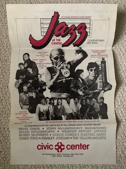 SYRACUSE NY 1986 JAZZ AT CENTER AD WITH MILES DAVIS+CHICK COREA+STANLEY JORDAN