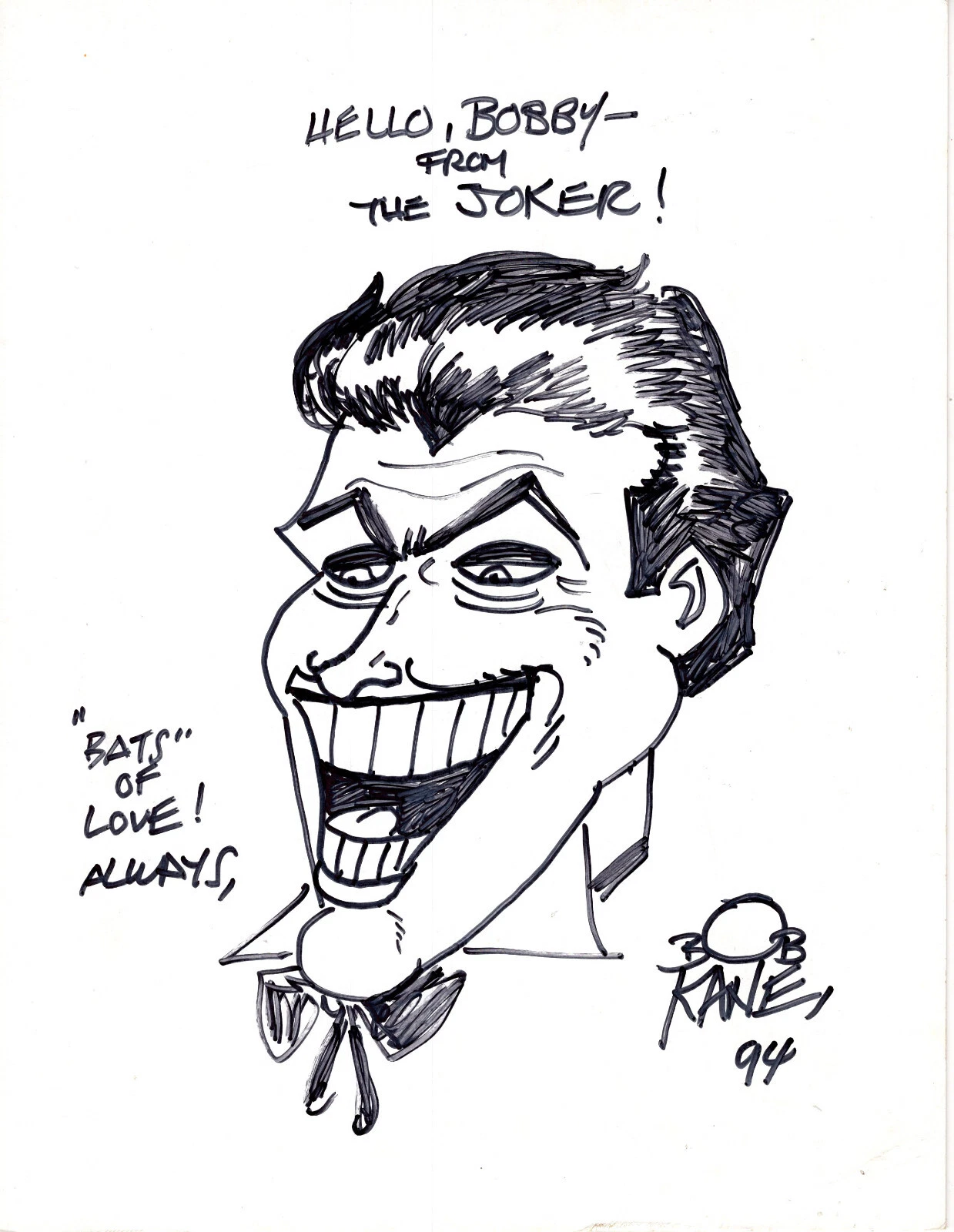 BOB KANE ORIGINAL HAND SIGNED 8x11 DRAWING OF THE JOKER HOLY GRAIL JSA LETTER