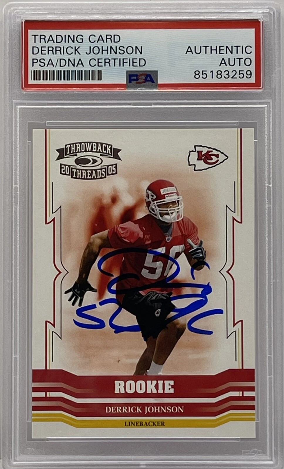 Derrick Johnson Signed 2005 Throwback Threads Rookie Card Chiefs PSA/DNA Slab