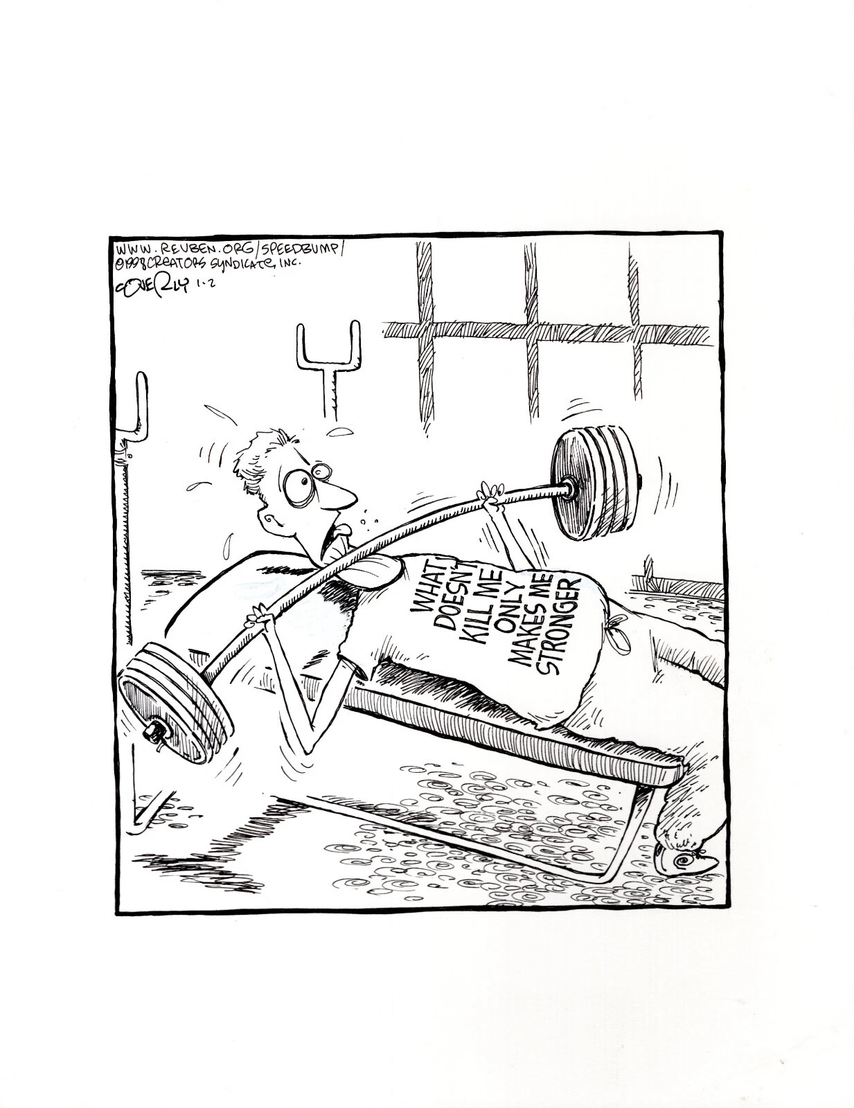 DAVE COVERLY SIGNED ORIGINAL SPEED BUMP PEN+INK DAILY 1998 BENCH PRESSING