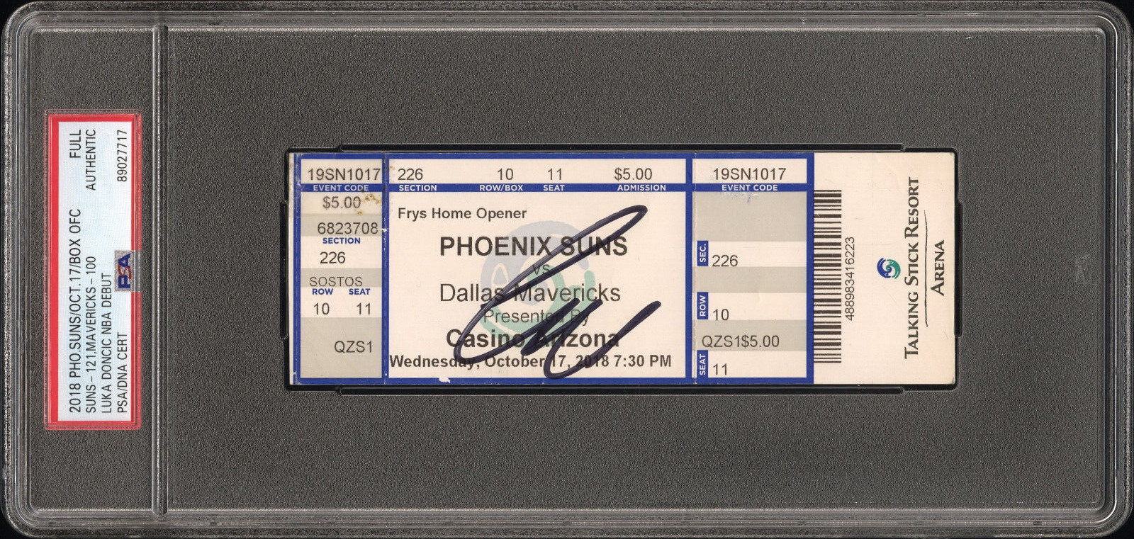 Luka Doncic Signed Autographed Mavericks 2018 NBA Rookie Debut Ticket PSA/DNA