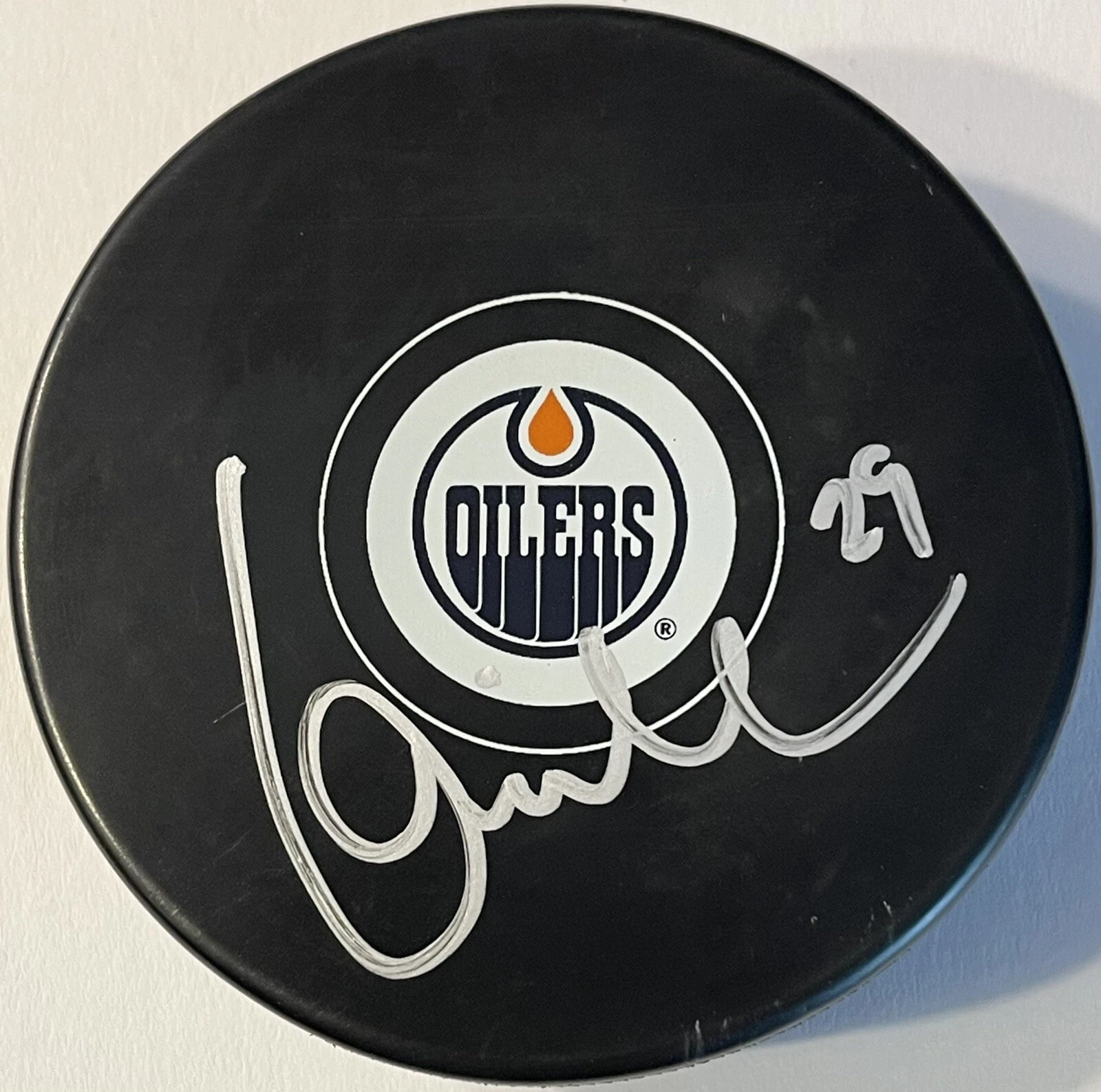 Louis DeBrusk Signed Autographed Edmonton Oilers Logo Hockey Puck PSA/DNA