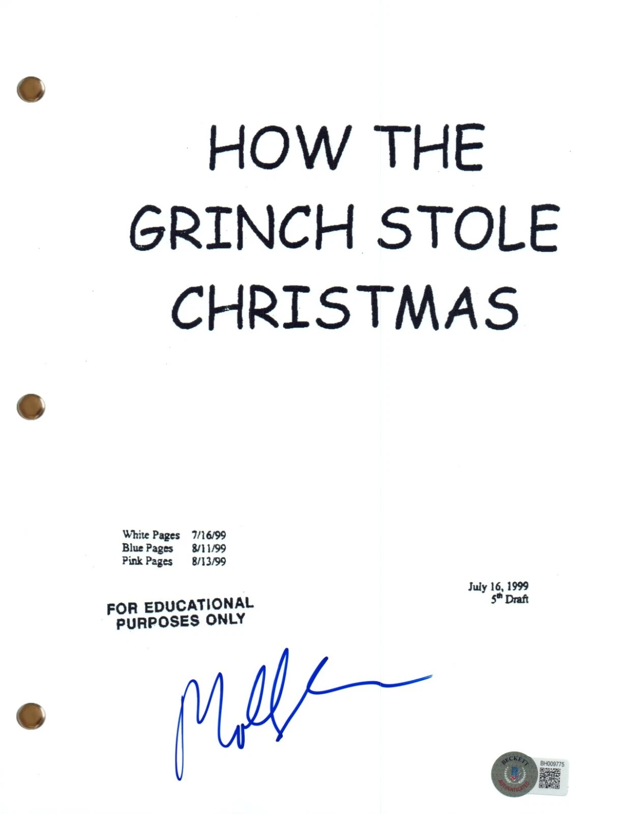 Molly Shannon Signed Autograph How The Grinch Stole Christmas Movie Script BAS