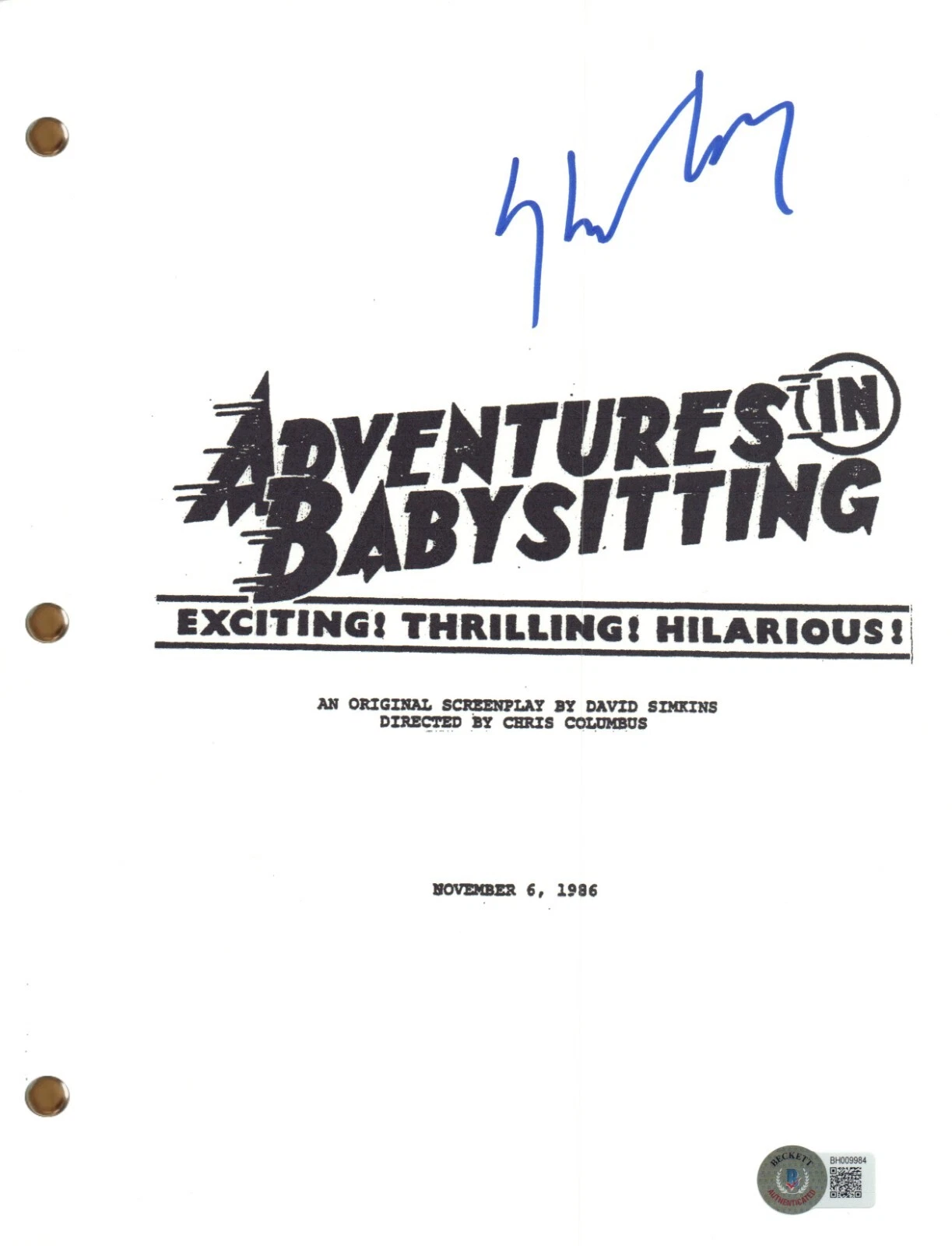 Keith Coogan Signed Autograph Adventures In Babysitting Movie Script Beckett COA