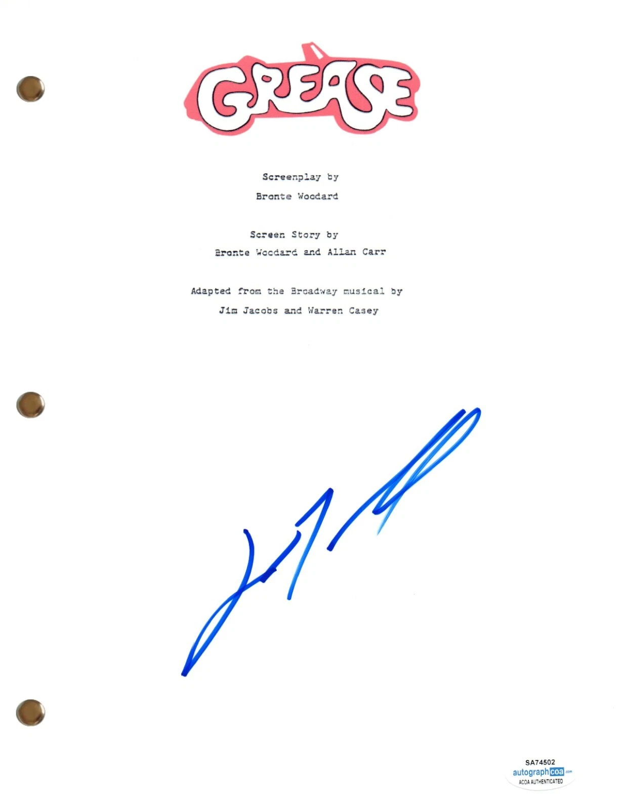 John Travolta Signed Autograph Grease Movie Script Full Screenplay ACOA COA