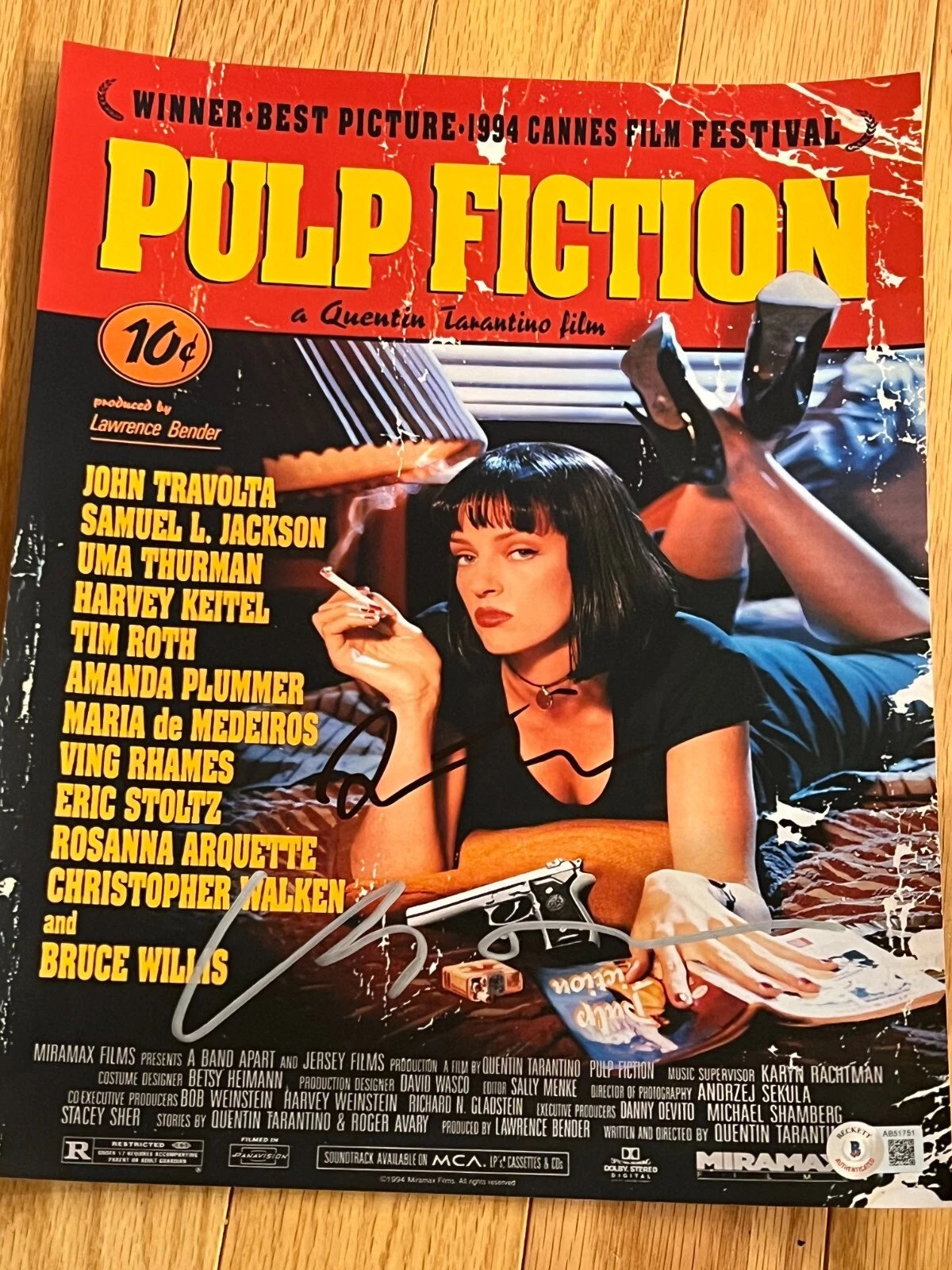 QUENTIN TARANTINO UMA THURMAN SIGNED AUTOGRAPH 11x14 POSTER BECKETT BAS COA D