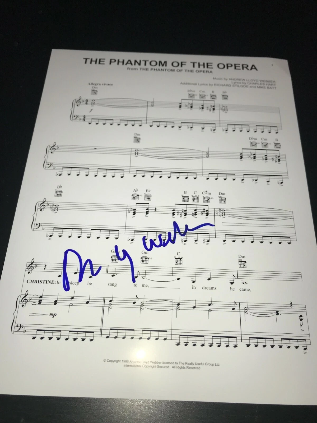 ANDREW LLOYD WEBBER SIGNED AUTOGRAPH SHEET MUSIC PHANTOM OF THE OPERA BECKETT F