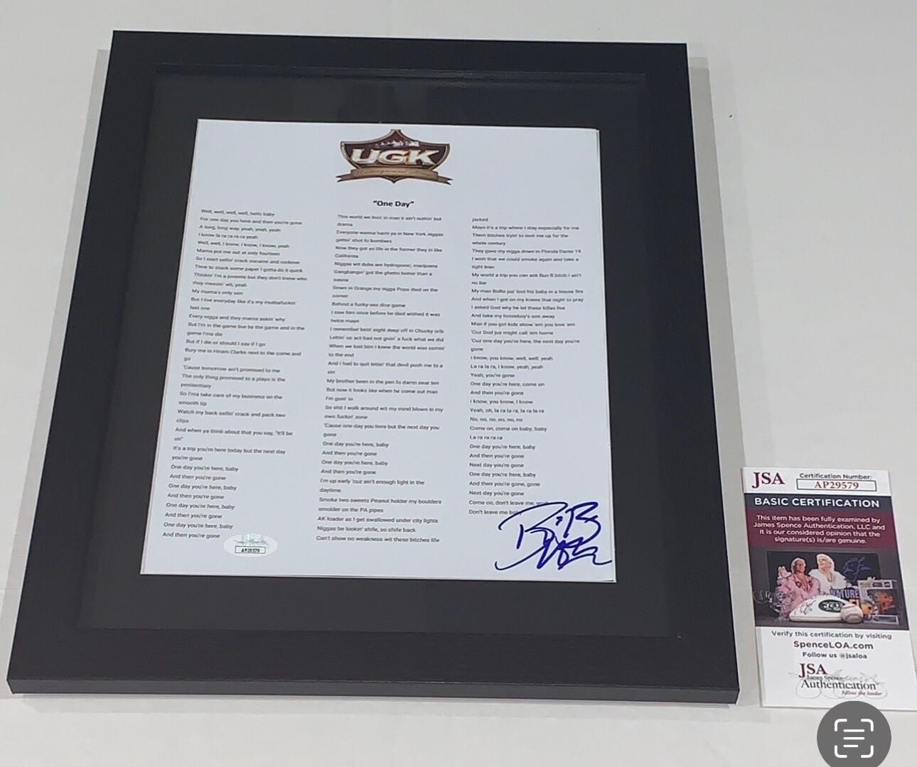 BUN B SIGNED FRAMED ONE DAY LYRIC SHEET UGK AUTOGRAPHED JSA COA