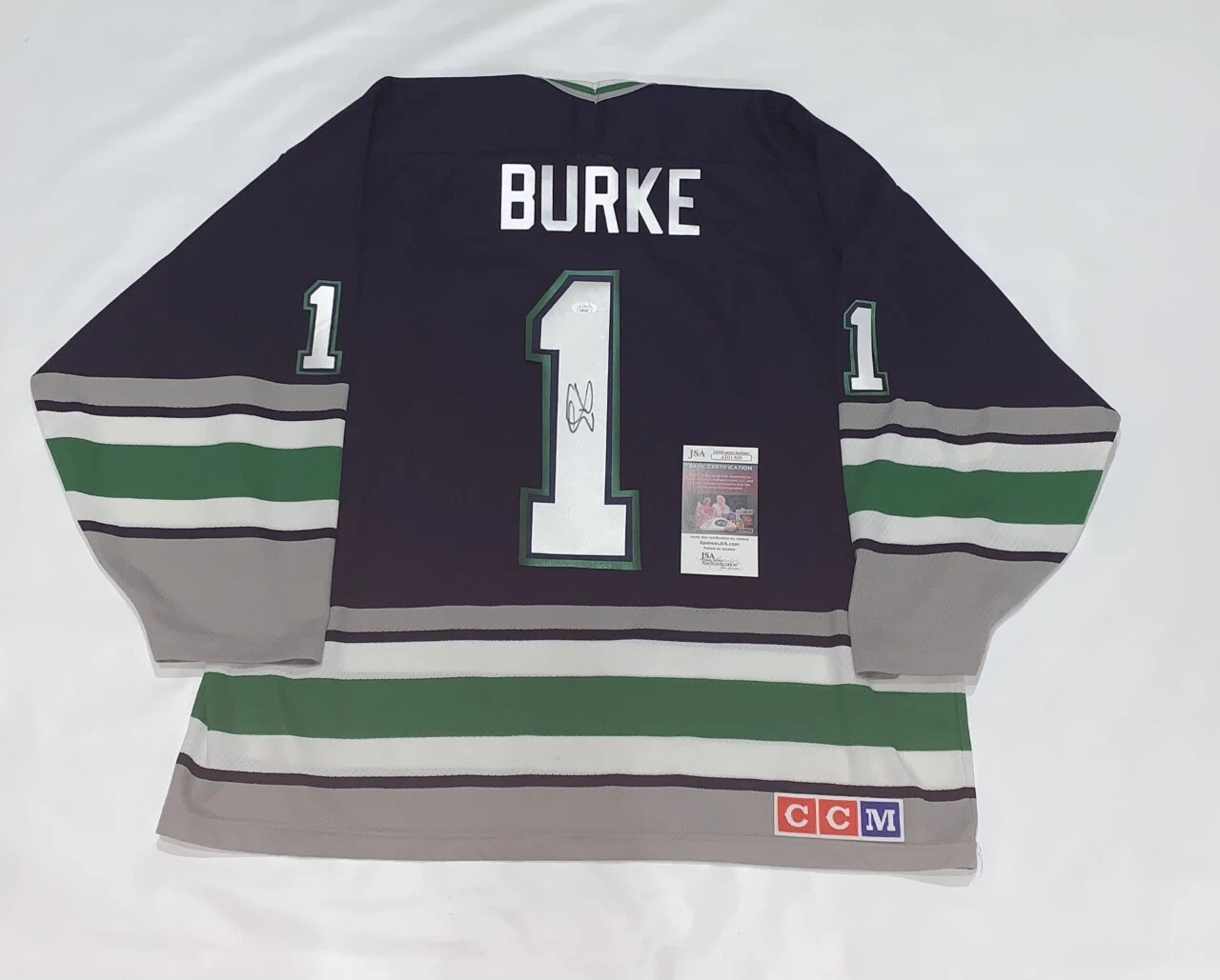 SEAN BURKE SIGNED VINTAGE HARTFORD WHALERS CCM #1 JERSEY LICENSED JSA COA
